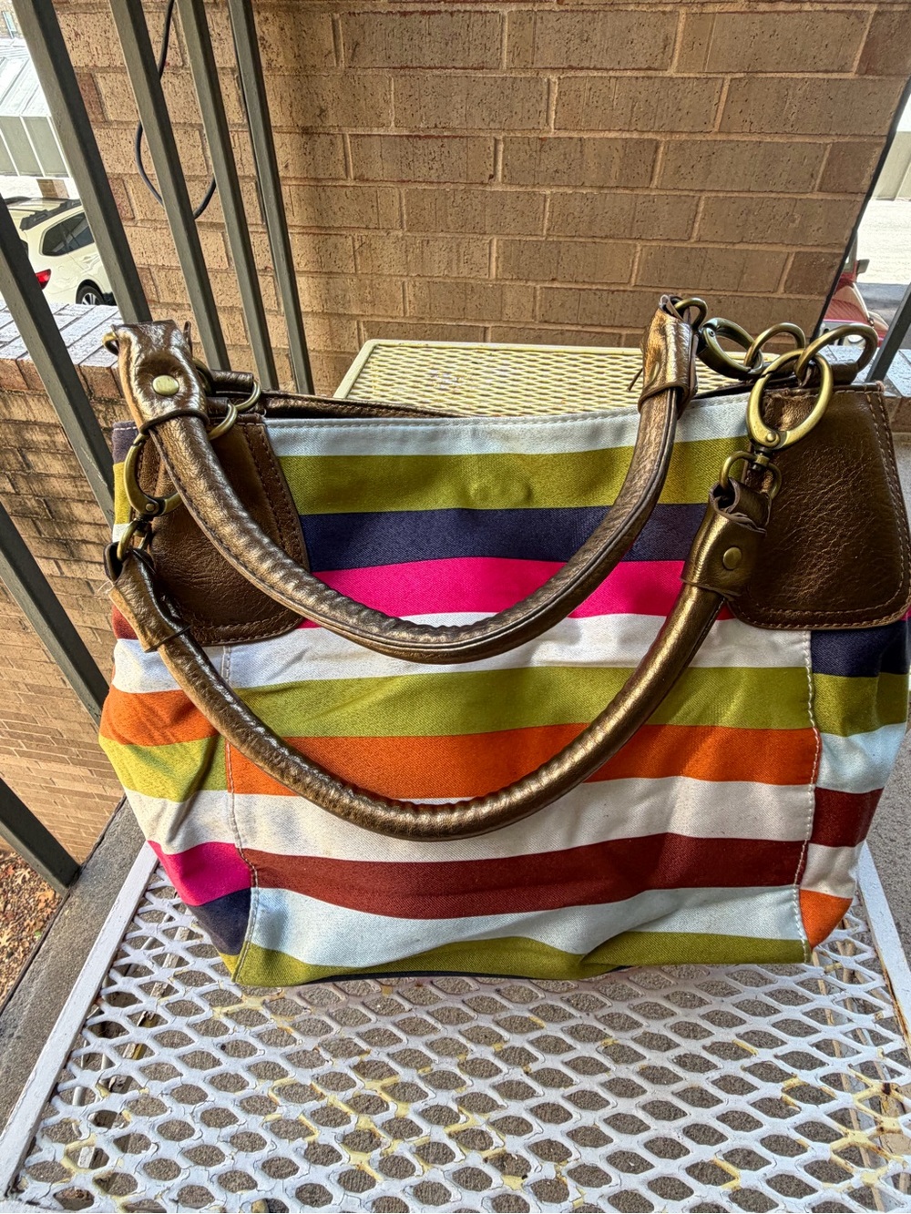 Striped Multicolor Tote Bag with Brown Leather Trim